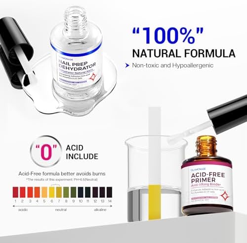 Manicure preparation step displaying both the dehydrator and natural bond primer liquids side by side.