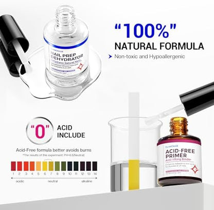 Manicure preparation step displaying both the dehydrator and natural bond primer liquids side by side.