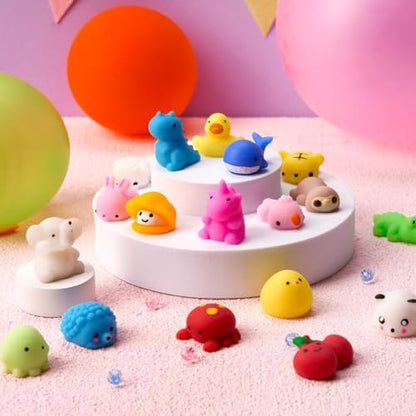 Group of unique colorful mini animal squishy toys showcasing variety and premium material texture.