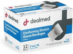 Close up of an individually wrapped two inch Dealmed latex free stretch dressing roll for first aid kit refills.