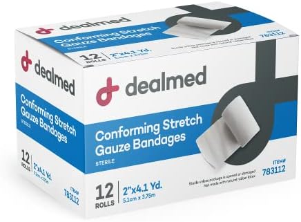 Close up of an individually wrapped two inch Dealmed latex free stretch dressing roll for first aid kit refills.