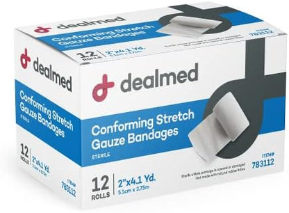 Close up of an individually wrapped two inch Dealmed latex free stretch dressing roll for first aid kit refills.