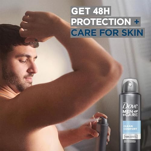 Dove Men Care forty eight hour protection antiperspirant spray displaying the official brand logo and crisp fragrance details