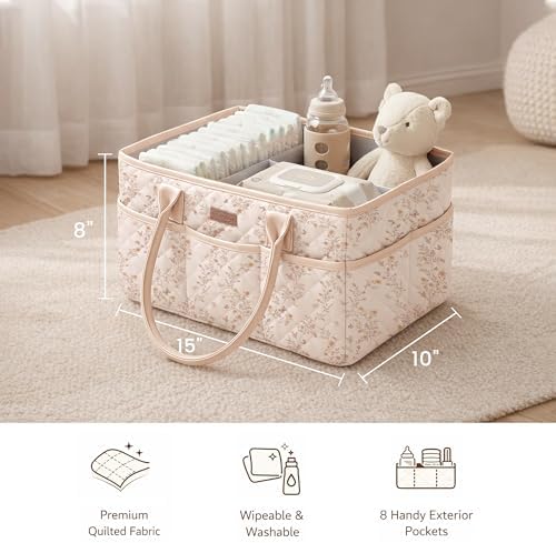 Konssy floral diaper caddy filled with baby essentials