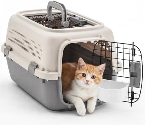 DUMOS 23" Hard-Sided Pet Carrier for Small Dogs & Cats, Airline Approved Travel Crate with Enhanced Security Latches, Front & Top Load Wire Door, Food Bowl for Traveling, Hiking, Camping, Beige&Grey - Image 2