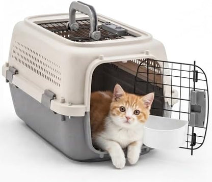 DUMOS 23" Hard-Sided Pet Carrier for Small Dogs & Cats, Airline Approved Travel Crate with Enhanced Security Latches, Front & Top Load Wire Door, Food Bowl for Traveling, Hiking, Camping, Beige&Grey - Image 2