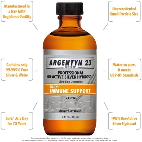 Argentyn 23 Professional Formula Colloidal Silver liquid supplement bottle showing ingredients and clear usage directions