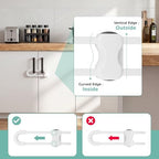 White plastic cabinet handle lock showing squeeze buttons