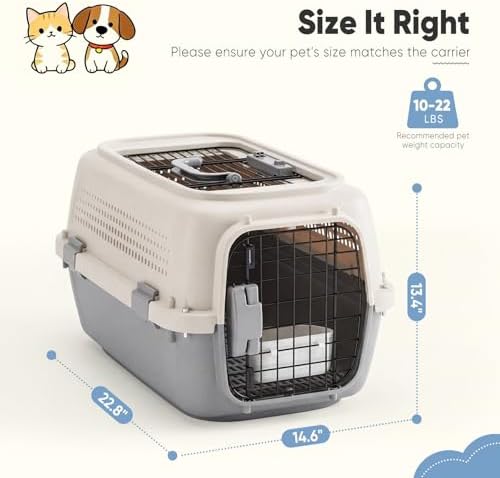 DUMOS 23" Hard-Sided Pet Carrier for Small Dogs & Cats, Airline Approved Travel Crate with Enhanced Security Latches, Front & Top Load Wire Door, Food Bowl for Traveling, Hiking, Camping - Beige&Grey - Image 6