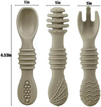 Textured teething handles of the PandaEar silicone self feeding utensils for infants.