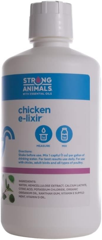 Strong Animals Chicken Elixir bottle cap dosage illustration for backyard chickens