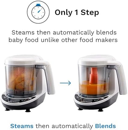 Baby Brezza food maker deluxe package items including the main unit three reusable pouches and three filling funnels