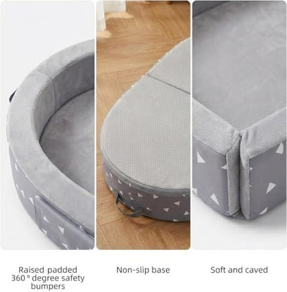 Mooedcoe foldable toddler floor bed with sides unzipped showcasing the removable washable covers.