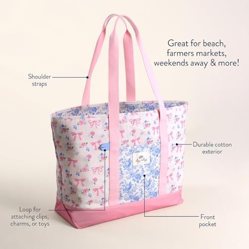 Close up of Ribbons and Bows floral pattern on Itzy Ritzy tote