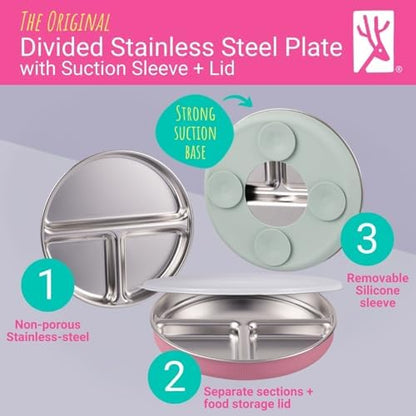 Close up of Elk and Friends stainless steel plate with silicone suction base