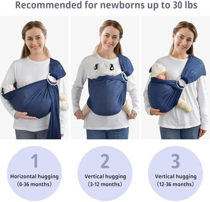 Ergonomic infant positioning inside the CUBY dark blue ring sling