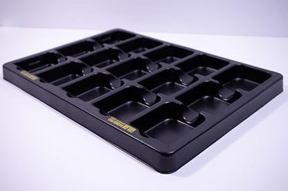 Portable barber accessory tray for fifteen hair cutting guards showing lightweight side profile dimensions