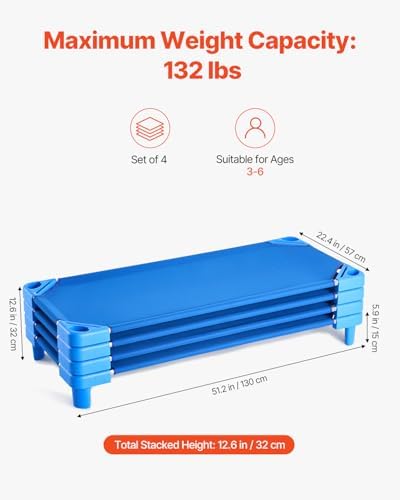 A vertical stack of four blue VEVOR toddler nap beds demonstrating space saving classroom storage.
