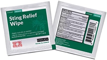 Individual sting relief packets showing portable antiseptic wipe packaging.