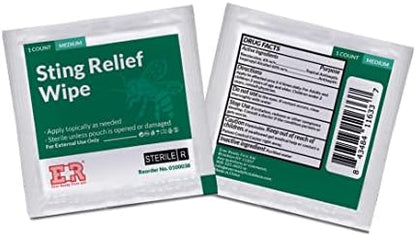 Individual sting relief packets showing portable antiseptic wipe packaging.