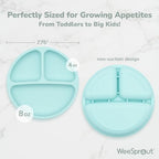Three WeeSprout divided silicone plates in blue green and pink