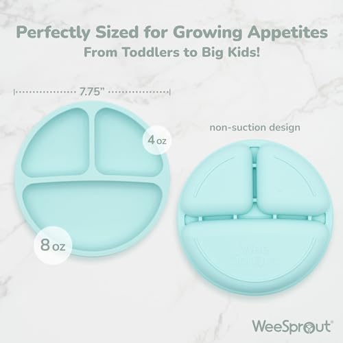 Three WeeSprout divided silicone plates in blue green and pink
