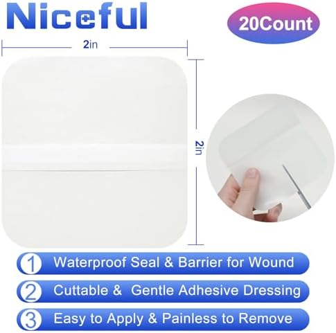 Niceful hydrocolloid gel patches showing the two by two inch dimensions for minor wound healing