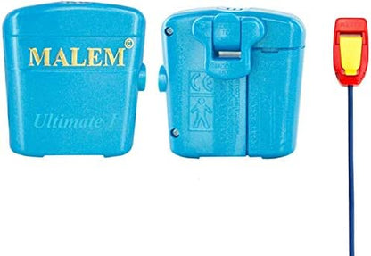 Malem Ultimate PRO wearable alarm unit with collar clip and blue casing.