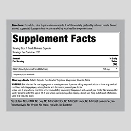 Piping Rock Dimethylaminoethanol 200 quick release capsules dietary supplement supplement facts