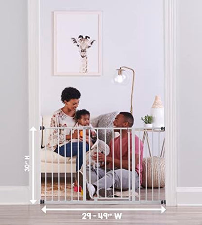 Regalo white steel walk through child gate showing the one handed lever handle mechanism.