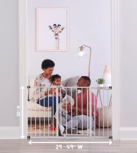 Regalo white steel walk through child gate showing the one handed lever handle mechanism.