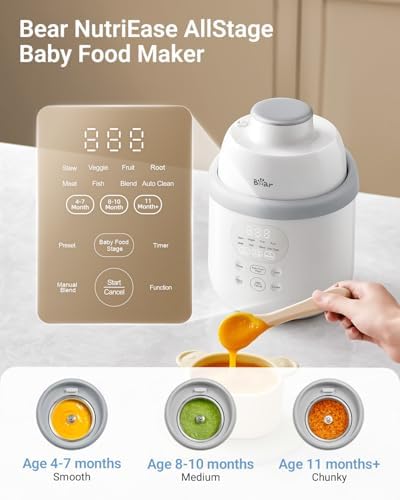 Bear baby food steamer and blender processing freshly steamed vegetables into smooth infant puree