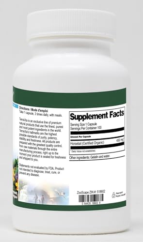 Close up of Terravita Horsetail 450mg organic supplement label