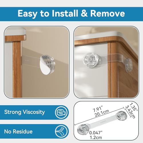 Clear childproof cabinet latch installed securely on a white refrigerator door