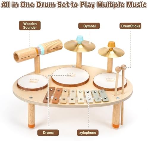 Vanplay Montessori educational toy with rainbow xylophone and drumsticks close up view