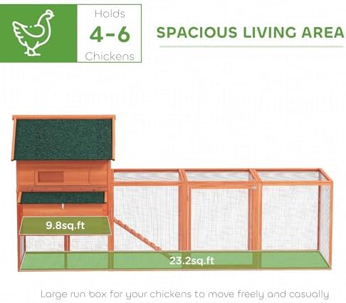 PawHut 137" Chicken Coop for 4-6 Chickens, Large Chicken House, Wooden Poultry Hen Cage with Nesting Box and Run for Backyard, Orange - Image 4