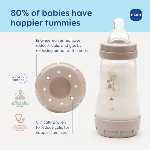 MAM newborn feeding bottle disassembled to display the engineered dual vented anti colic base
