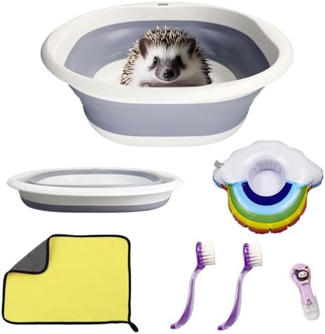 Collapsible white and gray small animal bathtub with grooming accessories