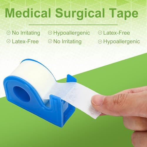 Close up view of the sliding blade on the blue medical tape dispenser cutting white paper tape