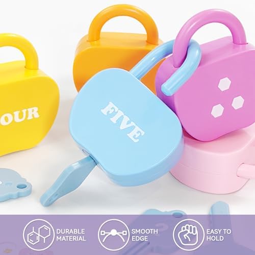 Toddler travel toy set with five numbered locks and matching keys for preschool learning
