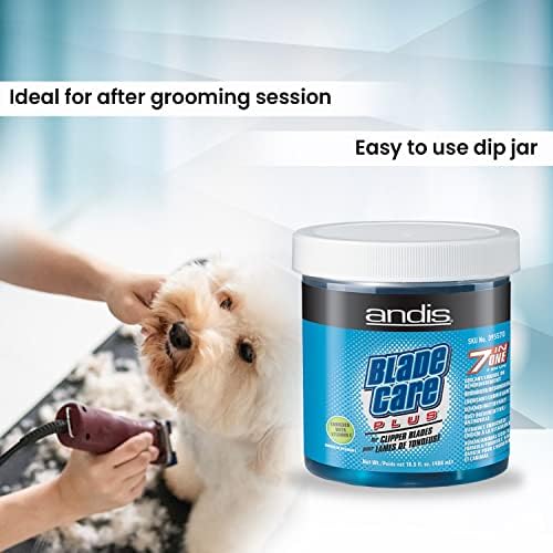 Andis Blade Care Plus jar next to clipper blades