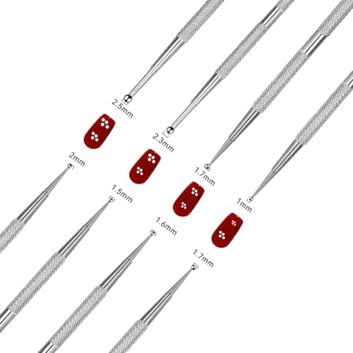 Close up view of the different sized double ended ball tips on the stainless steel dotting pen set