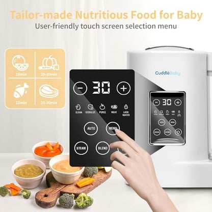 All-in-one baby food processor showing the included premium silicone spatula accessory