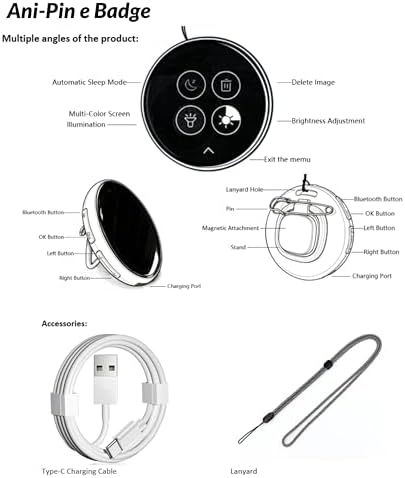 Complete packaging contents including the dynamic LED touchscreen electronic button and the USB recharging cable.