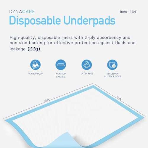 Dynarex disposable incontinence pads unfolded showing the soft white top layer and non-skid blue backing.