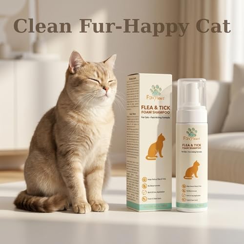 Side view of Fav Paws waterless cat grooming shampoo for flea control