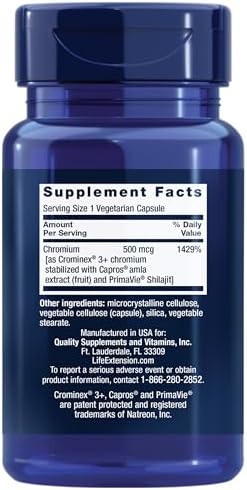 Life Extension Optimized Chromium with Crominex 3+ dietary supplement facts label.