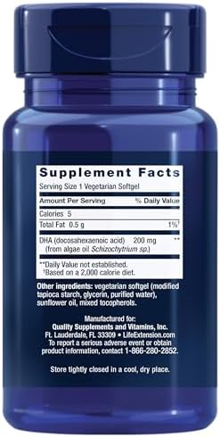 Life Extension vegetarian omega 3 supplement facts nutritional label panel