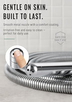 Handheld view of ergonomic curved metal nozzle for shower cleaning