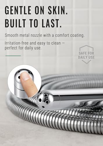 Handheld view of ergonomic curved metal nozzle for shower cleaning